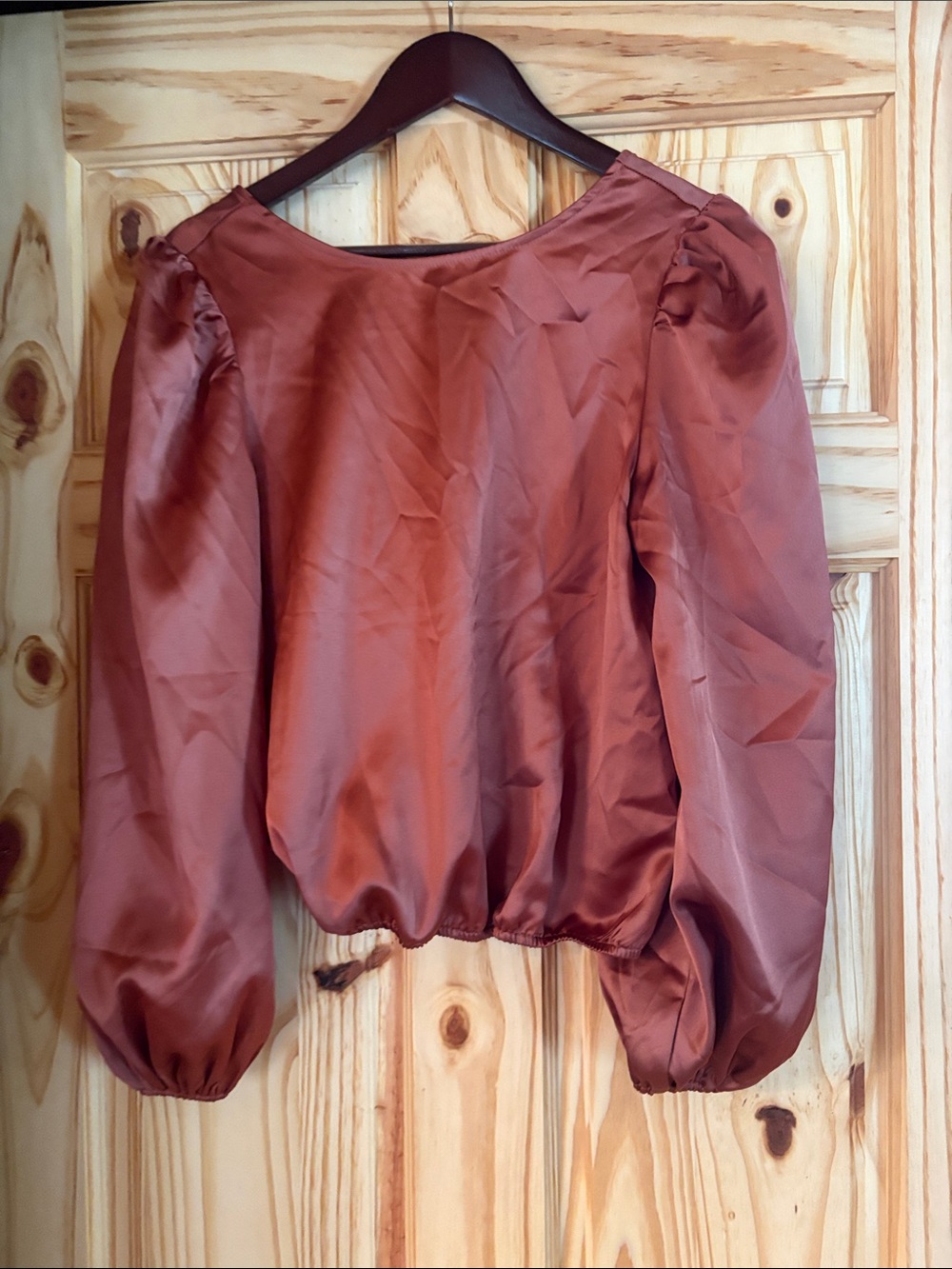 Satin Puff-Sleeve Blouse in Rust